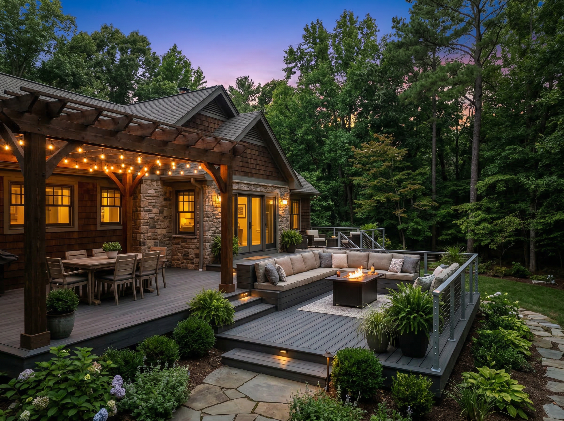 Custom deck with pergola and outdoor living space at dusk