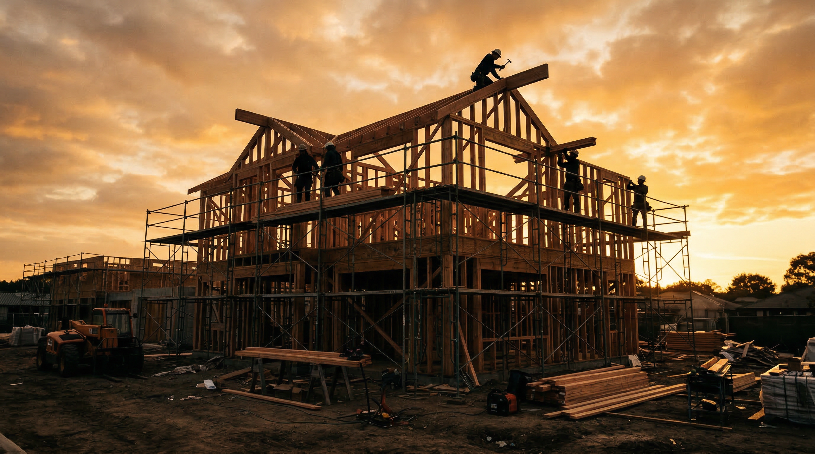 Construction site at golden hour with workers framing a residential home