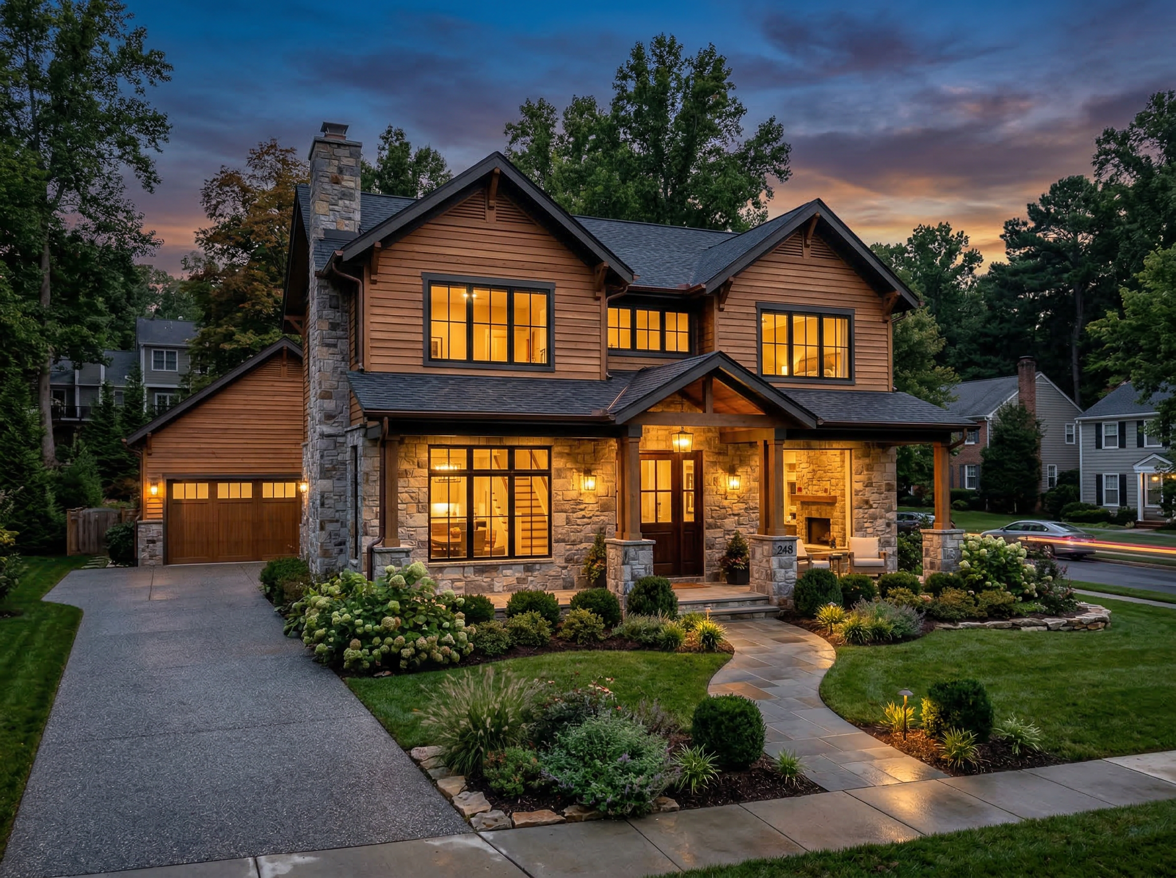 Completed modern craftsman style home at dusk