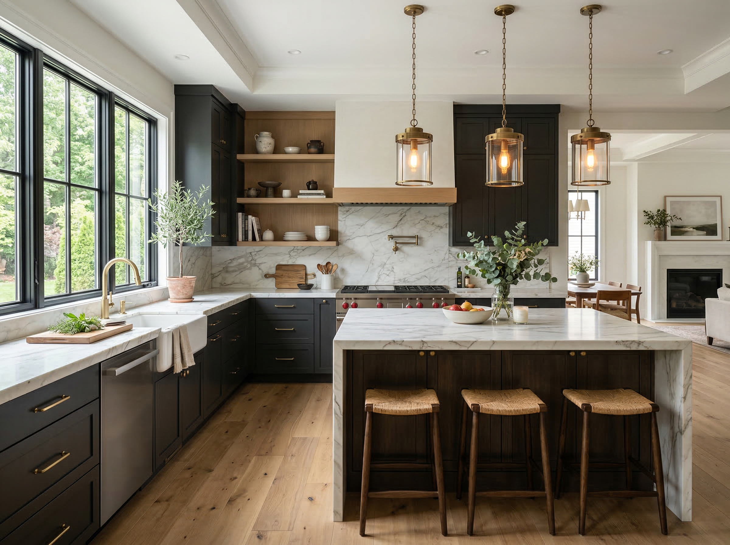 Modern kitchen renovation with marble counters and pendant lighting