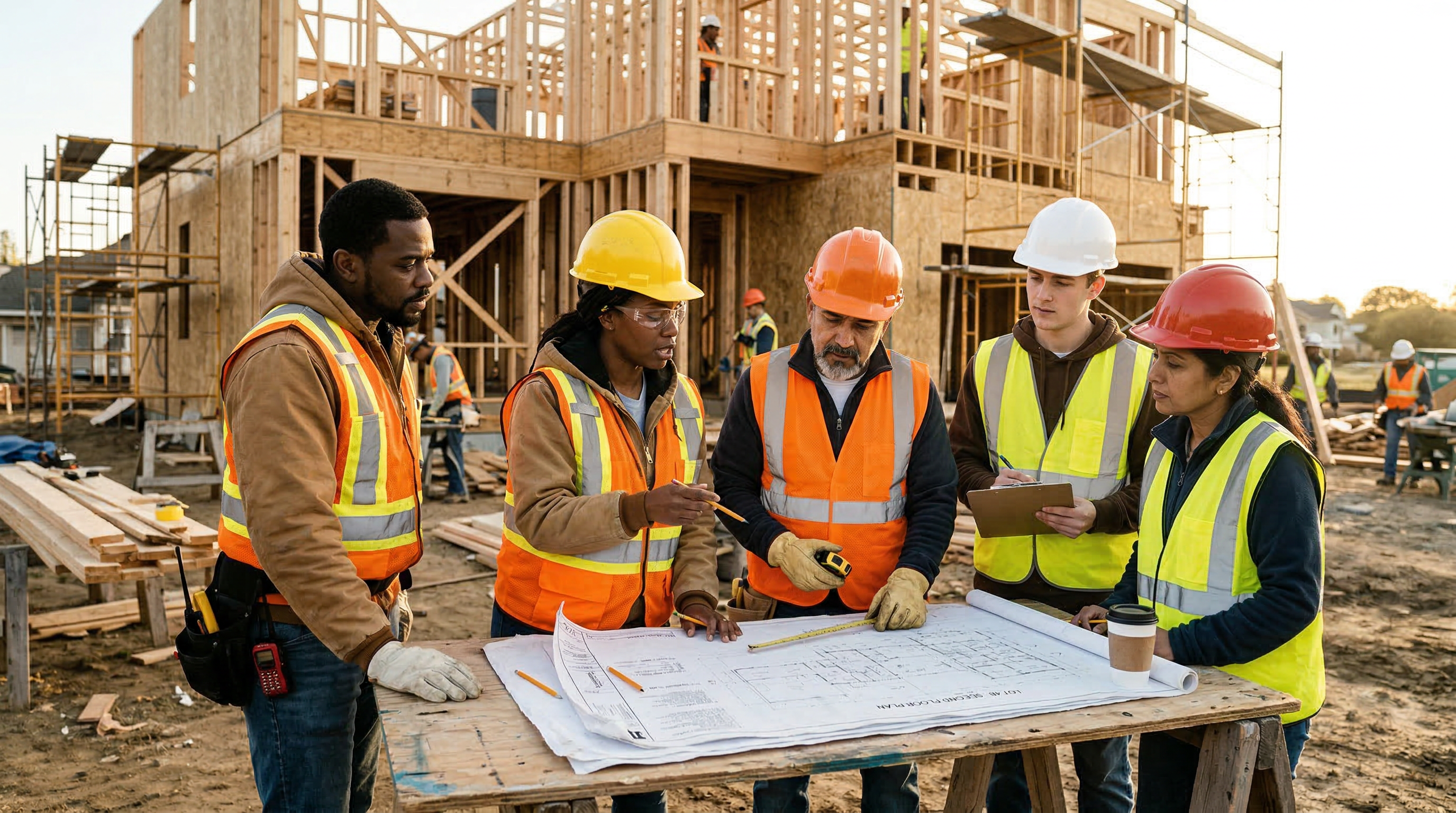 Construction team reviewing blueprints on a job site